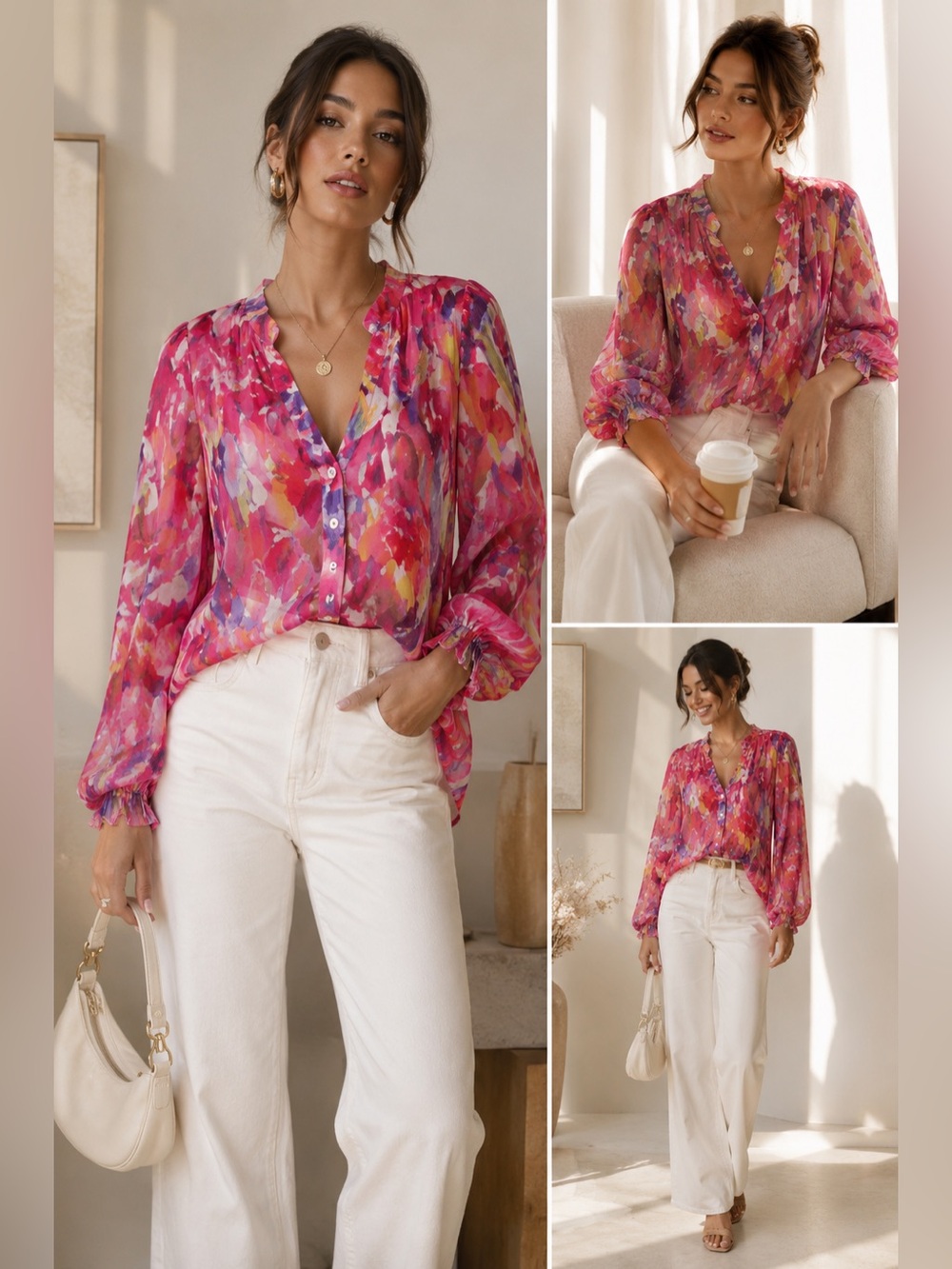 Soft Surroundings Sheer Floral Tunic Blouse Pink Multicolor Boho Flowy Size M - Picture 2 of 9